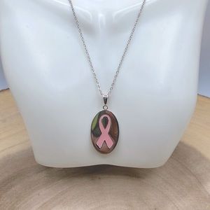 Sterling Silver Pink Breast Cancer Pendant Necklace